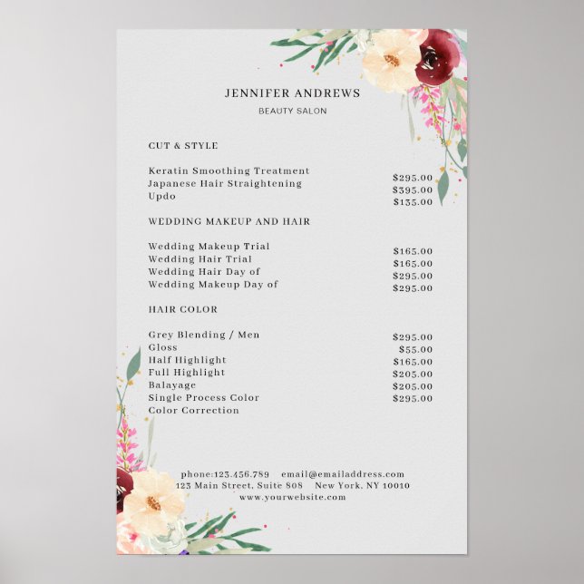 Modern Floral Price List Poster (Front)