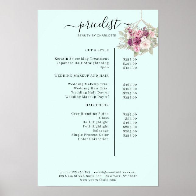 Modern, floral price list Poster (Front)