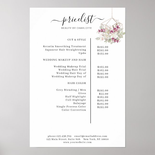 Modern, floral price list Poster (Front)