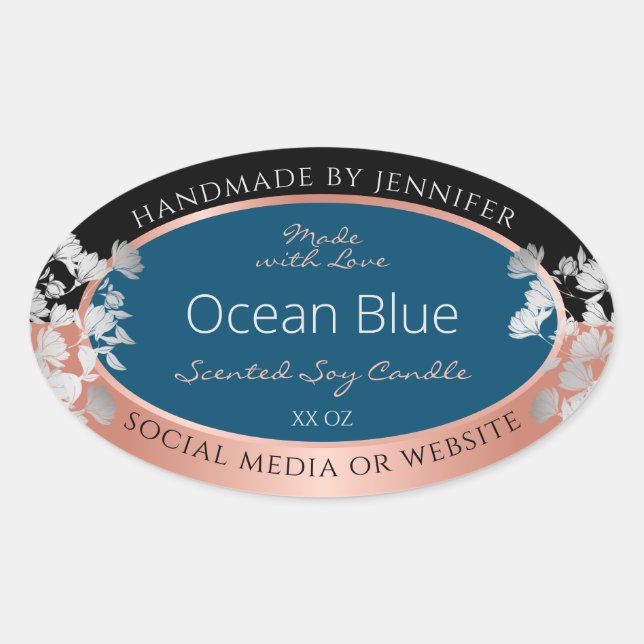 Modern Floral Product Labels Ocean Blue Rose Gold (Front)