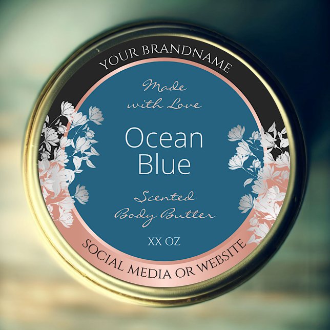 Modern Floral Product Labels Ocean Blue Rose Gold (Creator Uploaded)