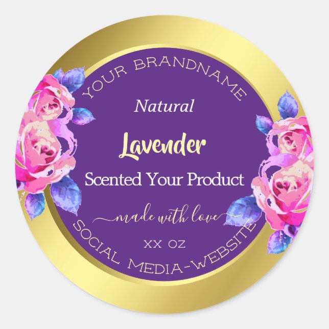 Modern Floral Product Packaging Labels Gold Purple (Front)