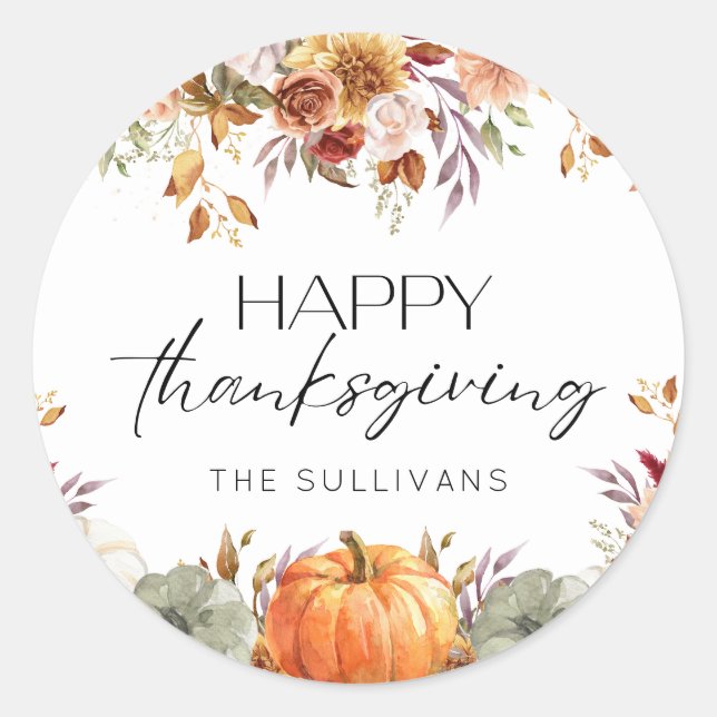 Modern Floral Pumpkin Rustic Happy Thanksgiving  Classic Round Sticker (Front)