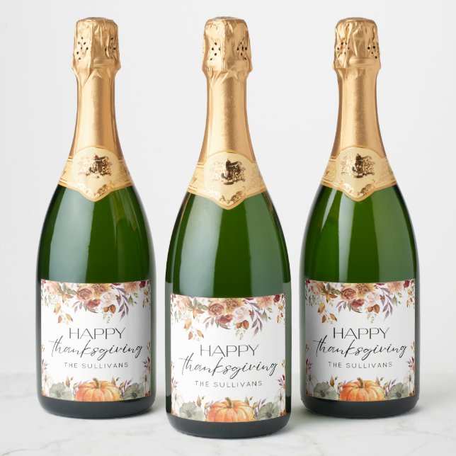 Modern Floral Pumpkin Rustic Thanksgiving Dinner Sparkling Wine Label (Bottles)