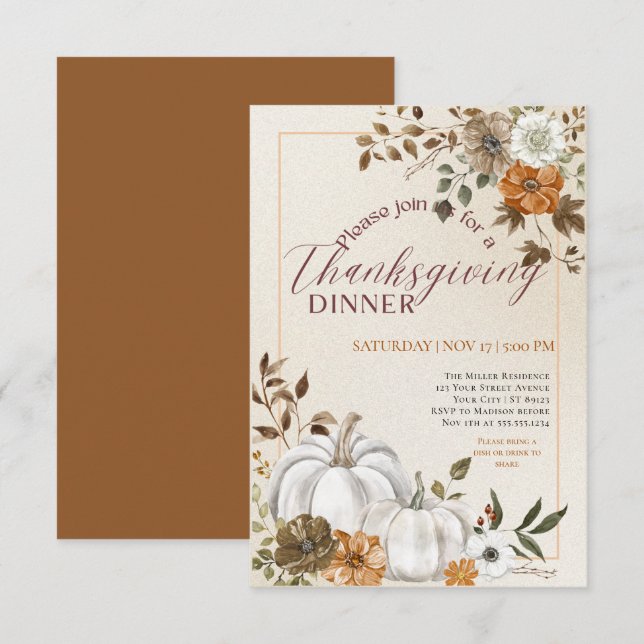 Modern Floral Pumpkin Thanksgiving Dinner  Invitation (Front/Back)