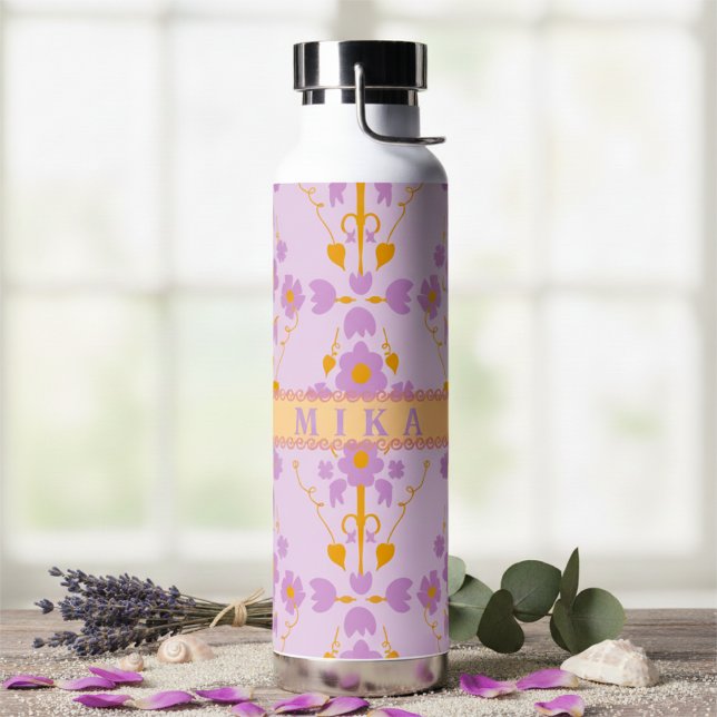 Modern Floral Purple And Lilac Water Bottle (Drink up, show off with your name, your style. Soft feminine pastel shades for the girl in you.)