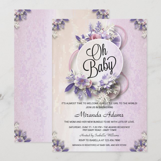 Modern Floral Purple Baby Shower Invitation (Front/Back)