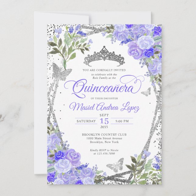 Modern Floral Purple Glam Silver Tiara Quinceañera Invitation (Front)