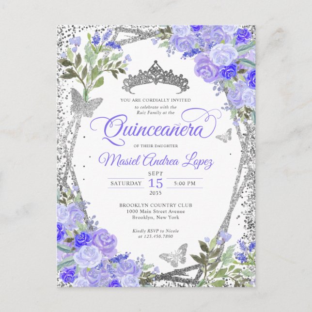Modern Floral Purple Glam Silver Tiara Quinceañera Postcard (Front)
