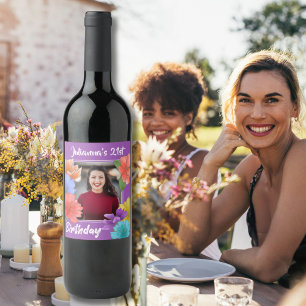 Modern Floral Purple Happy 21st Birthday Photo Wine Label
