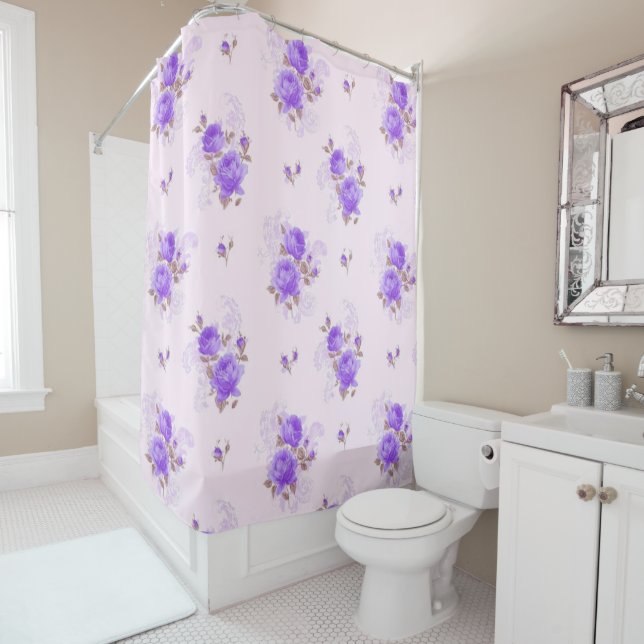 Modern Floral Purple Rose Shower Curtain (In Situ)