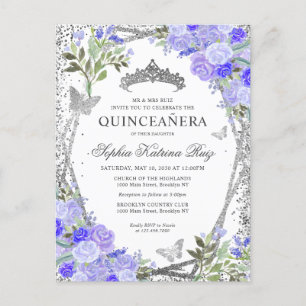 Modern Floral Purple Silver Grey Tiara Quinceañera Postcard