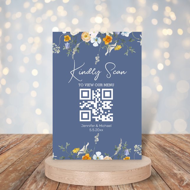 modern floral qr code blue nova wedding menu card (Creator Uploaded)