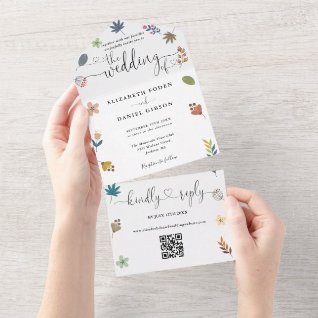 Modern Floral QR Code Hearts Script Wedding All In One Invitation (Tearaway)