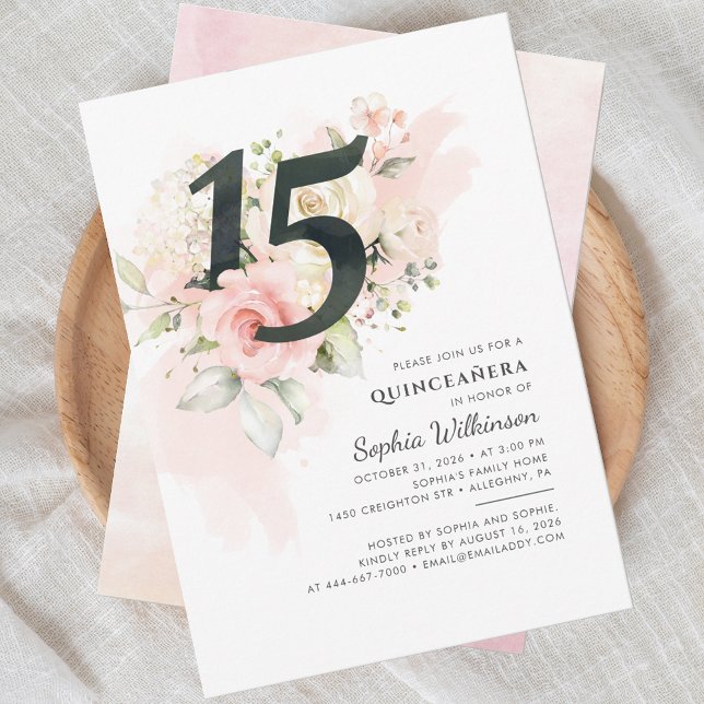 Modern Floral Quinceanera 15th Birthday Pink Invitation (Quinceanera 15th Birthday Pink Floral Party Invitation)