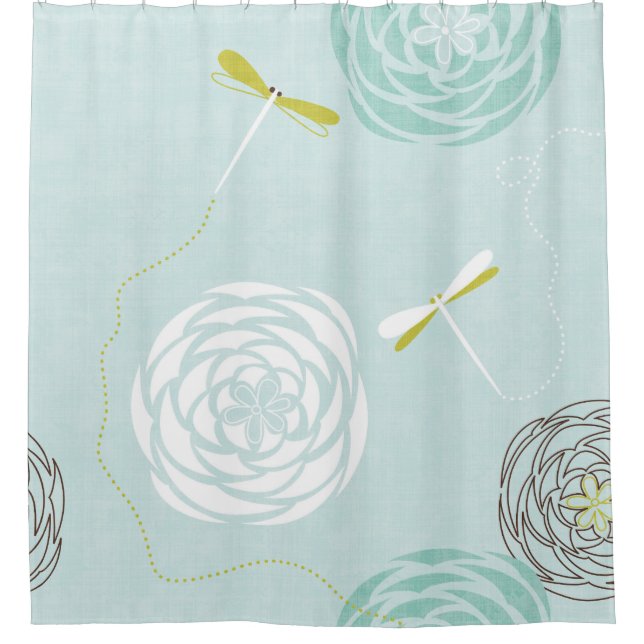 Modern Floral Ranunculus w Dragonflies Aqua Blue Shower Curtain (Front)