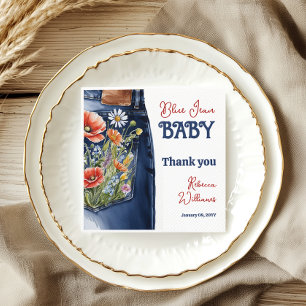 Modern Floral Red Blue Denim Blue Jean Baby Shower Napkin