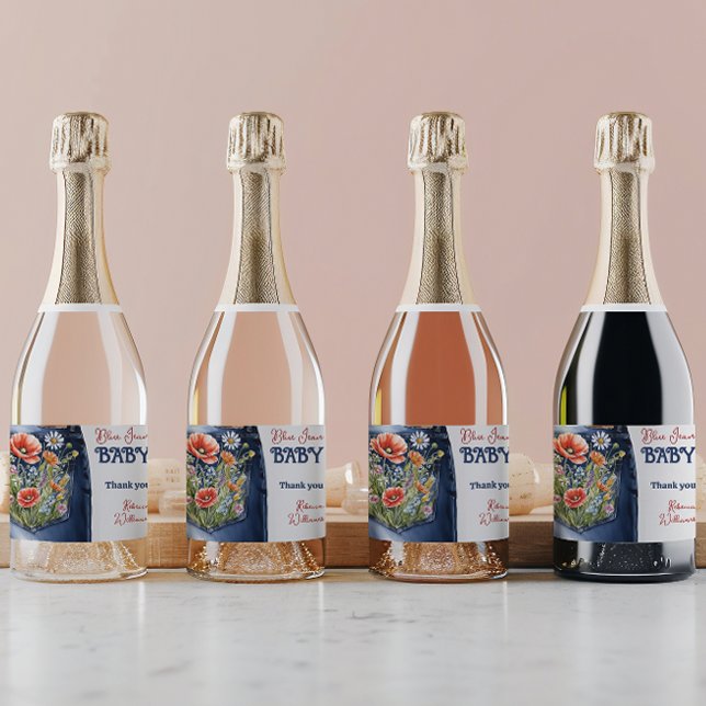 Modern Floral Red Blue Denim Blue Jean Baby Shower Sparkling Wine Label (Creator Uploaded)