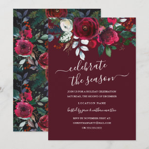 Modern Floral Red Burgundy Holiday Party Invitation