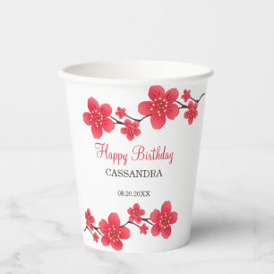Modern Floral Red Cherry Blossom Sakura Birthday Paper Cups