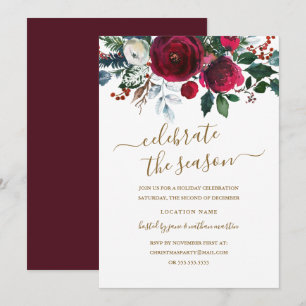 Modern Floral Red Gold Holiday Party Invitation