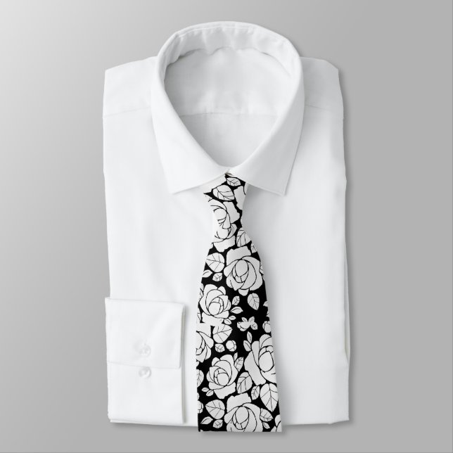 Modern Floral Rose Black and White Neck Tie (Tied)