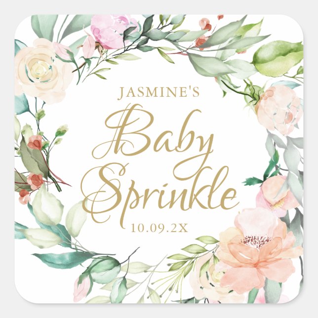 Modern Floral Rose Garland Baby Sprinkle Square Sticker (Front)