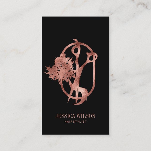 Modern Floral Rose Gold Hairstylist QR Code Business Card (Front)