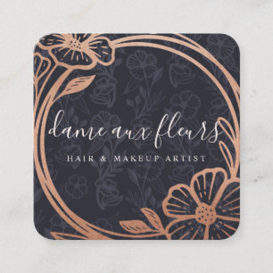 Modern Floral Rose Gold Wreath Black & Rose Gold Square Business Card