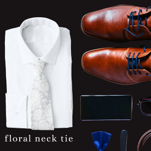 Modern Floral Rose Gray and White Neck Tie