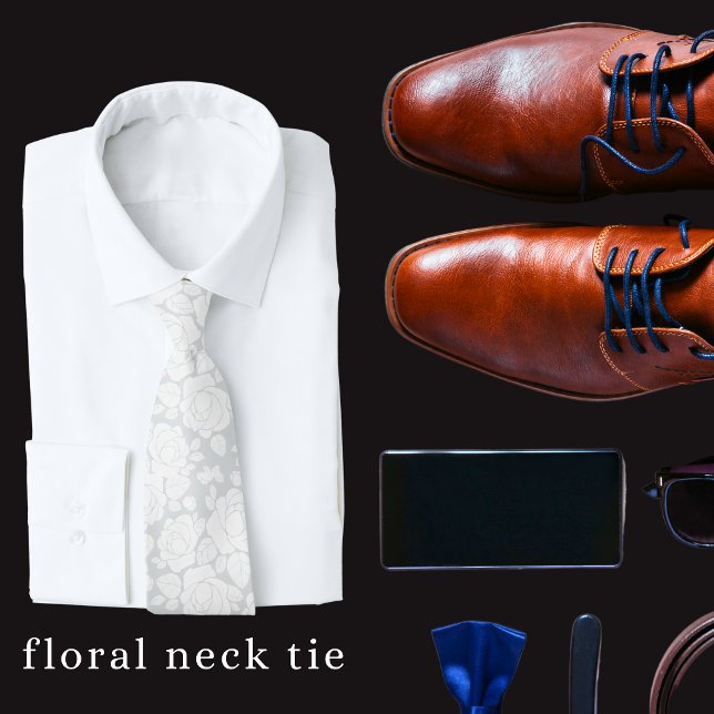 Modern Floral Rose Grey and White Neck Tie (Men's floral neck tie)