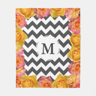 Modern Floral Roses & Chevrons Initial Letter Fleece Blanket