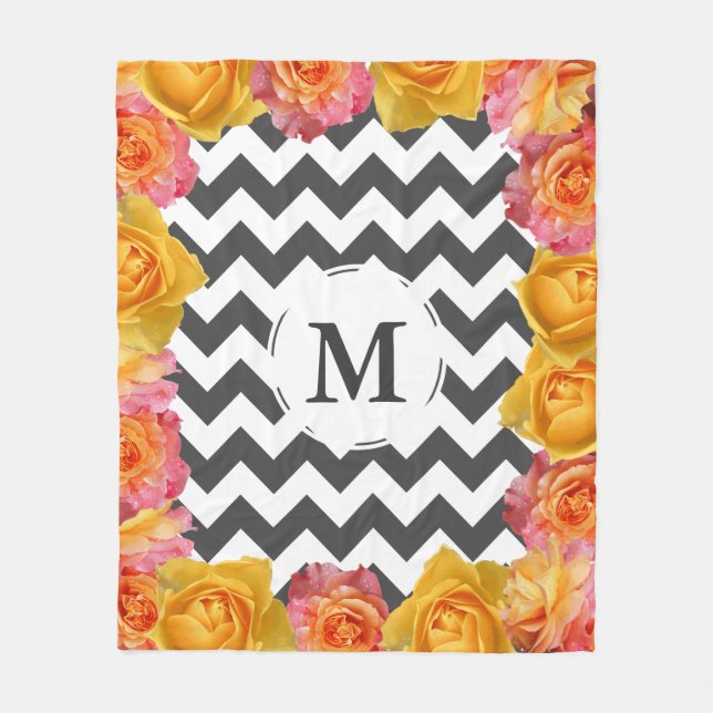 Modern Floral Roses & Chevrons Initial Letter Fleece Blanket (Front)