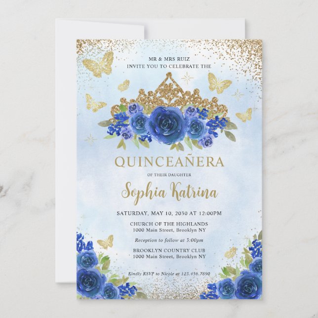 Modern Floral Royal Blue Gold Tiara Quinceañera Invitation (Front)
