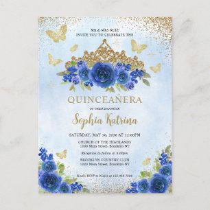 Modern Floral Royal Blue Gold Tiara Quinceañera Postcard