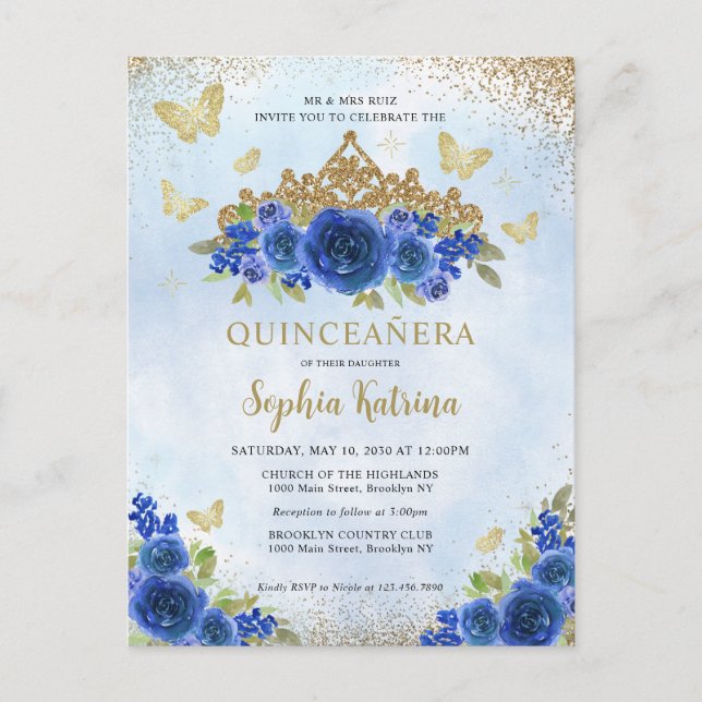 Modern Floral Royal Blue Gold Tiara Quinceañera Postcard (Front)