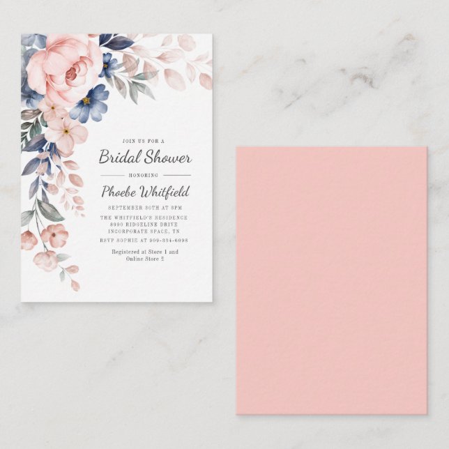 Modern Floral Rustic Pink Blue Bridal Shower Card (Front/Back)