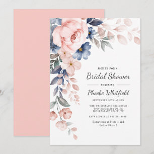 Modern Floral Rustic Pink Blue Bridal Shower Invitation