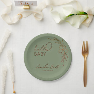 Modern Floral Sage Green Hello Baby Paper Plate