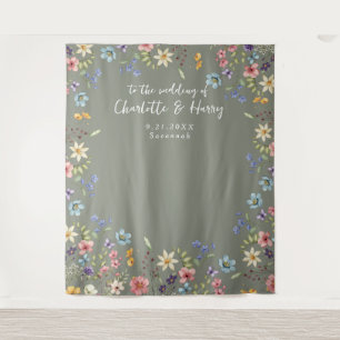 Modern Floral Sage Wedding Photo  Backdrop Tapestry
