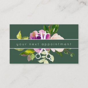 Modern Floral Salon Scissors Logo Appointment Business Card
