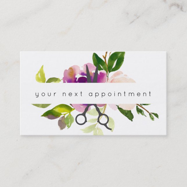 Modern Floral Salon Scissors Logo Appointment Business Card (Front)