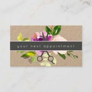 Modern Floral Salon Scissors Logo Appointment Business Card