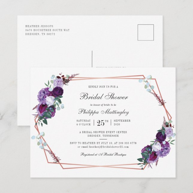 Modern Floral Script Geographic Bridal Shower Invitation Postcard (Front/Back)