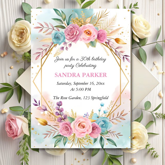  Modern floral script Stylish chic gold birthday  Invitation (Creator Uploaded)