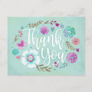 Modern Floral Script Thank You Postcard
