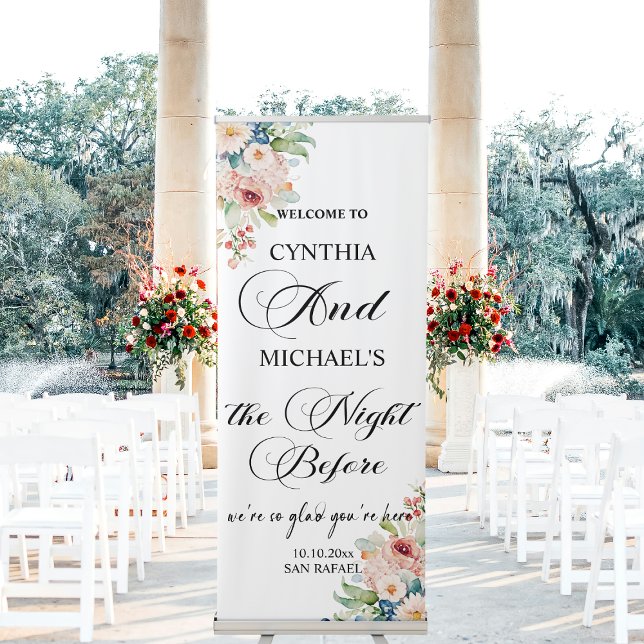 Modern Floral Script 'the Night Before' Wedding Retractable Banner (Creator Uploaded)