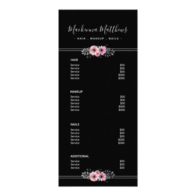Modern Floral Signature Black Salon Service Menu (Front)