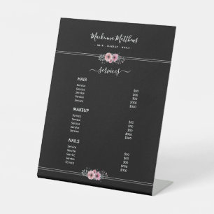 Modern Floral Signature Black Salon Service Menu Pedestal Sign