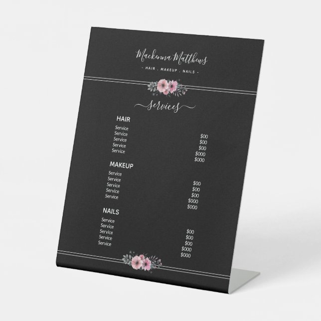 Modern Floral Signature Black Salon Service Menu Pedestal Sign (Front)